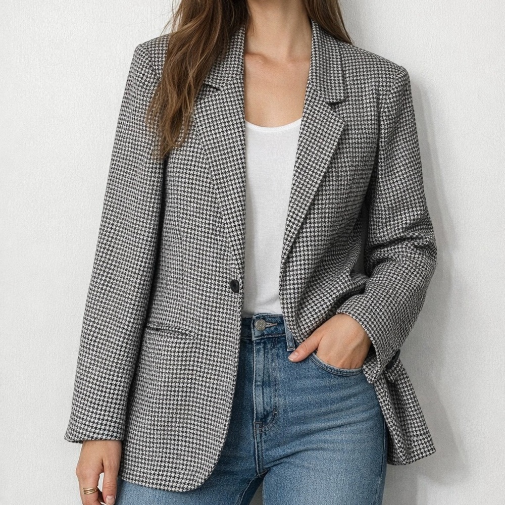 Vintage 90’s Wool Blend Classic Contemporary Preppy Houndstooth Blazer Size 14